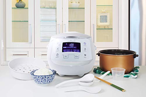 Yum Asia Olla arrocera Sakura con Cuenco de cerámica y lógica difusa Micom, 6 Funciones de cocción de arroz, 6 Funciones de multicocina, Pantalla LED Motouch (1.5l) 220-240V UK/EU (Blanco y Plata)