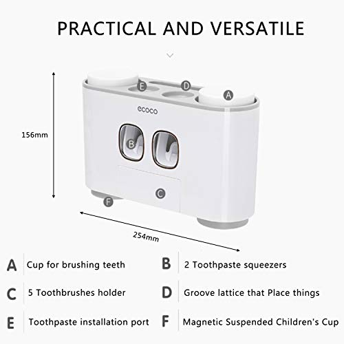 Yuning Soporte para Cepillo de Dientes, Automático Dispensador Pasta de Dientes y Conjunto de Portacepillos Montaje en Pared - Manos Libres 2 Exprimidores Pasta de - Apto para Niños y Adultos(Gris)