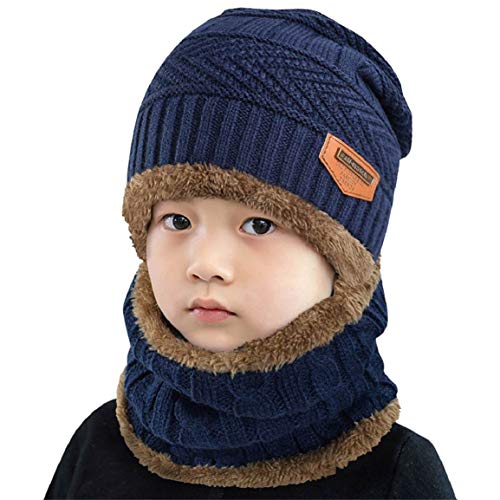 Yuson Girl Conjunto de Bufanda y Gorro de Punto para niños Forro Polar de Lana Beanie Hat Sombrero Cuello Caliente (Azul)