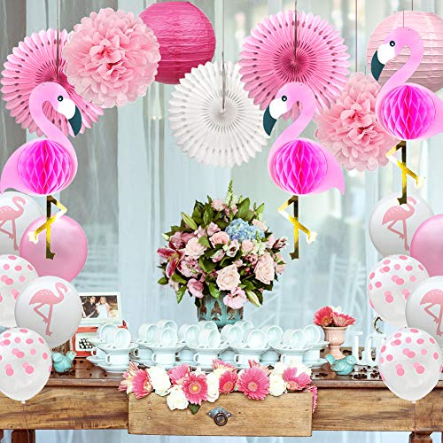 YZNlife - Faroles de papel para decoración de fiestas de flamencos, pompones, papel de seda, con 10 globos de fiesta para bodas, cumpleaños, fiestas hawaianas de verano y playa Luau