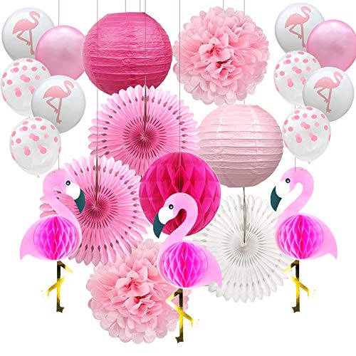 YZNlife - Faroles de papel para decoración de fiestas de flamencos, pompones, papel de seda, con 10 globos de fiesta para bodas, cumpleaños, fiestas hawaianas de verano y playa Luau