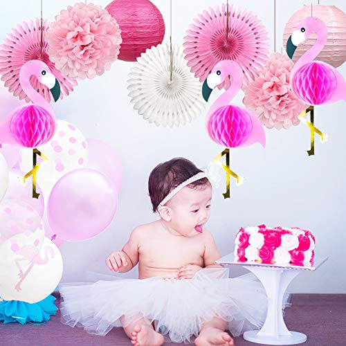 YZNlife - Faroles de papel para decoración de fiestas de flamencos, pompones, papel de seda, con 10 globos de fiesta para bodas, cumpleaños, fiestas hawaianas de verano y playa Luau