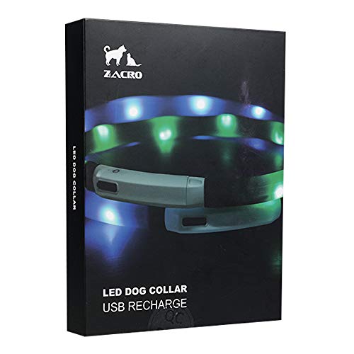 Zacro 2Pcs Collar Perro Luz-Collar Perro LED Brillantes, USB Recargable Collar Perro Seguro para Mascotas, 3 Modos de LED Perro Collar Brillantes y Longitud Ajustable para Perros(Verde y Azul)