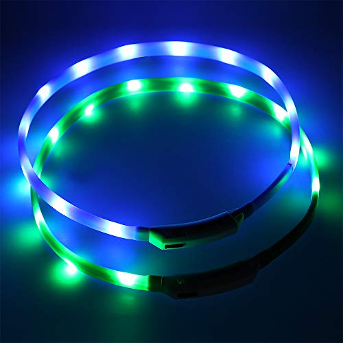 Zacro 2Pcs Collar Perro Luz-Collar Perro LED Brillantes, USB Recargable Collar Perro Seguro para Mascotas, 3 Modos de LED Perro Collar Brillantes y Longitud Ajustable para Perros(Verde y Azul)