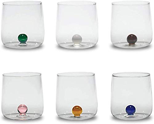 Zafferano BA00199 Bilia-Vaso Tumbler Transparente Hecho a Mano, Decorado con una Bola de Vidrio Interior, cl 44 h 90mm d 88mm, Juego de 6 Piezas-Colores Variados