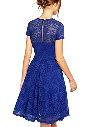 ZANZEA Mujer Vestido Encaje Elegante Cóctel Fiesta Manga Corta Vestido con Cuello Redondo 01-Azul 3XL