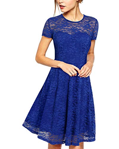 ZANZEA Mujer Vestido Encaje Elegante Cóctel Fiesta Manga Corta Vestido con Cuello Redondo 01-Azul 3XL