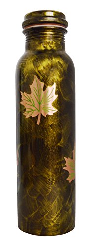 Zap Impex Botella de agua de cobre puro verde con hoja dorada impresa para la salud ayurvédica, ventajas Joint Free antigoteo (cobre, 900 ml)
