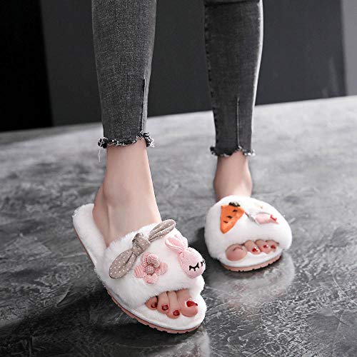 Zapatillas Para Mujer Algodón Slippers,Otoño Invierno Cálido Vintage Simple Conejo Blanco Bow Zanahoria Casa Confortable Interior De Felpa Antideslizante Inferior Grueso Silencio Inferior Suave Algodó