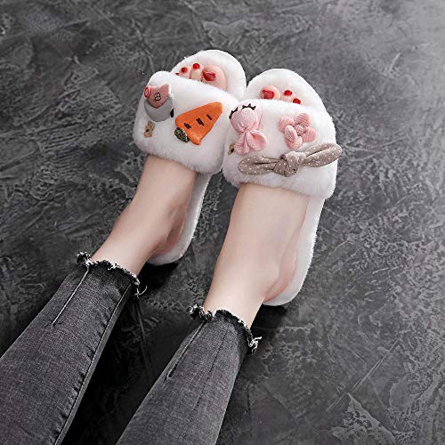 Zapatillas Para Mujer Algodón Slippers,Otoño Invierno Cálido Vintage Simple Conejo Blanco Bow Zanahoria Casa Confortable Interior De Felpa Antideslizante Inferior Grueso Silencio Inferior Suave Algodó