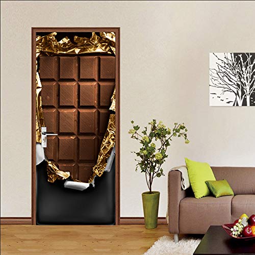 ZDDBD Pegatinas de Puerta Chocolate con Pan de Oro Etiqueta de Puerta 3D Dormitorio Sala de Estar Puerta Interior Oficina Arte DIY 77x200cm