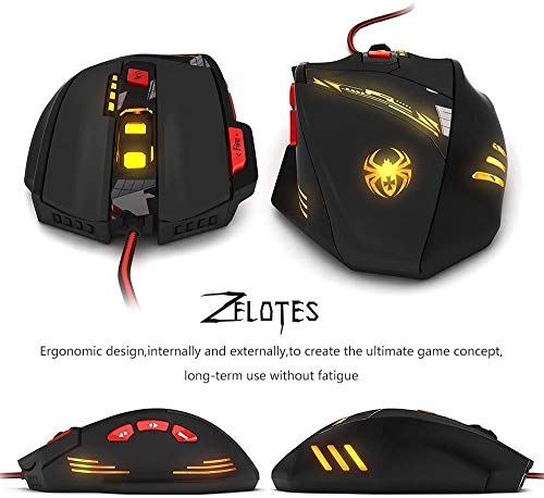Zelotes 9200 DPI Gaming Mouse Set de 8 piezas, juego de ajuste de peso, 8 botones, luces LED multimodos con cable, ratones para PC, ordenador portátil, Gamer