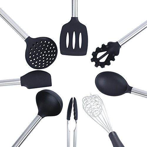 zengware silicona utensilios de cocina resistente al calor de alta calidad antiadherente para hornear herramientas Set de 8, color negro