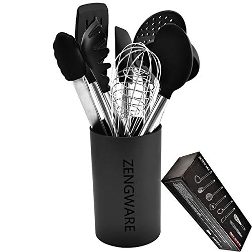 zengware silicona utensilios de cocina resistente al calor de alta calidad antiadherente para hornear herramientas Set de 8, color negro