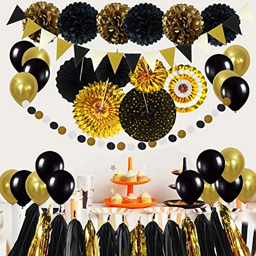 ZERODECO Decoración para fiestas, negro y dorado pompones de papel colgantes abanicos bandera de onda triangular guirnalda colgante globo para cumpleaños Navidad carnaval Año Nuevo decoración