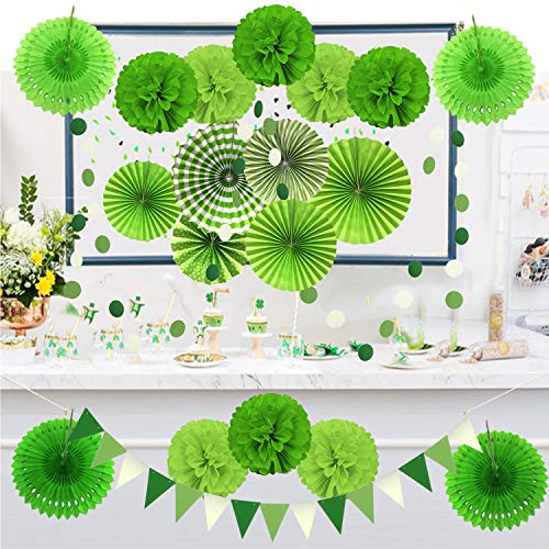 Zerodeco Decorazione di Festa, 21 Pezzi Ventilatori di Carta, Pompons, Bandierine Triangolare, Ghirlande per Decorazione Della Festa Nuziale Nozze Nidi Tatuaggi Nuziale Doccia Decorazione (Verde)