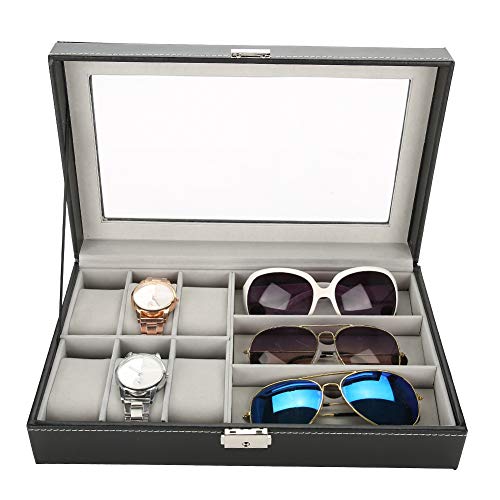 Zerone - Caja porta gafas, caja de almacenamiento, recipiente para gafas, portaobjetos, colección expositor, 6 relojes, 3 gafas de sol, piel sintética