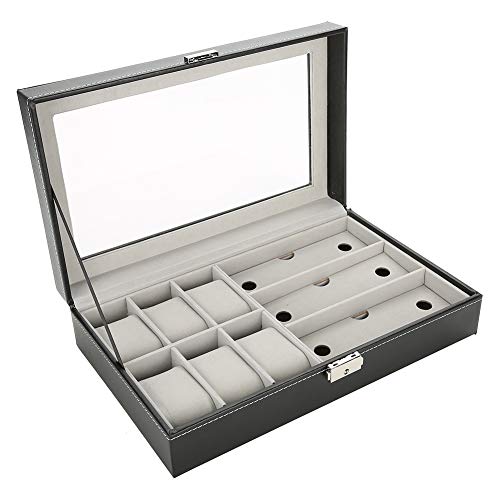 Zerone - Caja porta gafas, caja de almacenamiento, recipiente para gafas, portaobjetos, colección expositor, 6 relojes, 3 gafas de sol, piel sintética