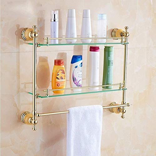 ZfgG Los estantes del cuarto de baño WC jade amarillo baño estante de vidrio de doble capa Soporte Europea cosmética Oro Jade Toalla colgante Decoración Revestimiento de cobre de titanio Rack de almac