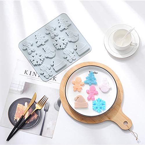 zhiyi-online - Molde de silicona para repostería de chocolate, bandeja para cubitos de hielo, incluye pan de jengibre, copo de nieve, muñeco de nieve, sombrero de árbol de Navidad (azul)