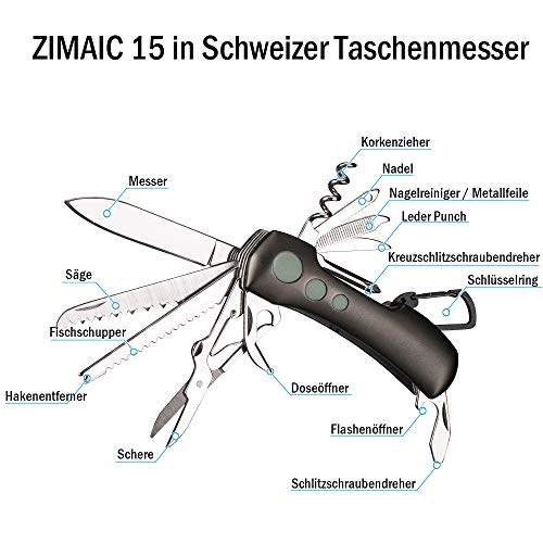 ZIMAIC Navaja Suiza Navaja Multifuncional, 15 en 1 Navaja Caza Pesca, Cuchillo Multiuso Acero Inoxidable, Impermeable Herramienta Múltiusos