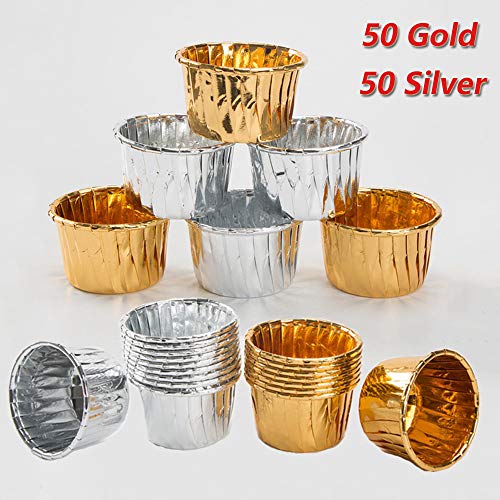 Ziyero 100 Piezas Envases de Aluminio para Hornear Liners Cupcake Cases Tazas de Revestimiento de Magdalenas de Grado Alimenticio para Bodas, Cumpleaños, Fiestas, Campamentos, Pasteles de DIY, Etc