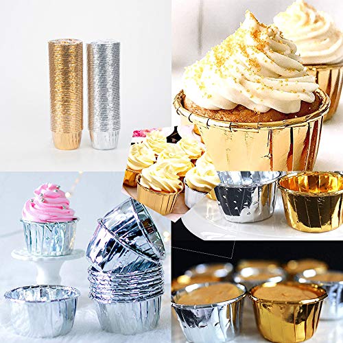 Ziyero 100 Piezas Envases de Aluminio para Hornear Liners Cupcake Cases Tazas de Revestimiento de Magdalenas de Grado Alimenticio para Bodas, Cumpleaños, Fiestas, Campamentos, Pasteles de DIY, Etc