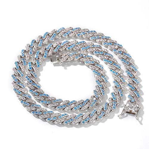 Zoyie Pulsera de Collar de Hip Hop con circón, circonita Aguamarina de 8 mm Helado Tipo Tira de eslabones de la Cadena Cubana de Miami Bling Aqua Blue White Jewelry