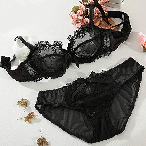 zysymx Bordado de Encaje Europeo y Americano Cubierta de Verano Ultra-Delgada Transparente de Gran tamaño Sexy Conjunto de Ropa Interior Femenina Negro 75E