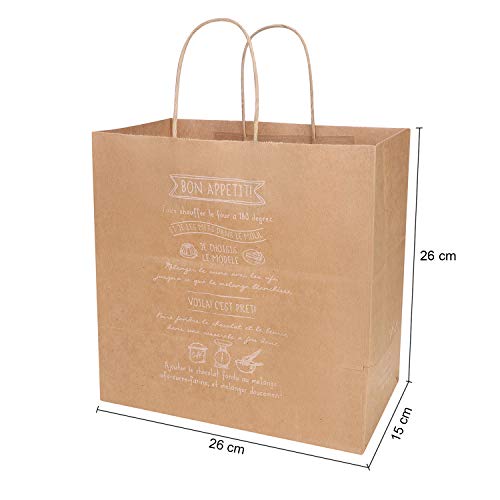 10 bolsas de papel kraft grande para alimentos, papel reciclado, bolsa de almuerzo con asa, bolsa de papel para guardar panadería, café, té, etc, color marrón 10x6x10 pouces(26x15x26cm)