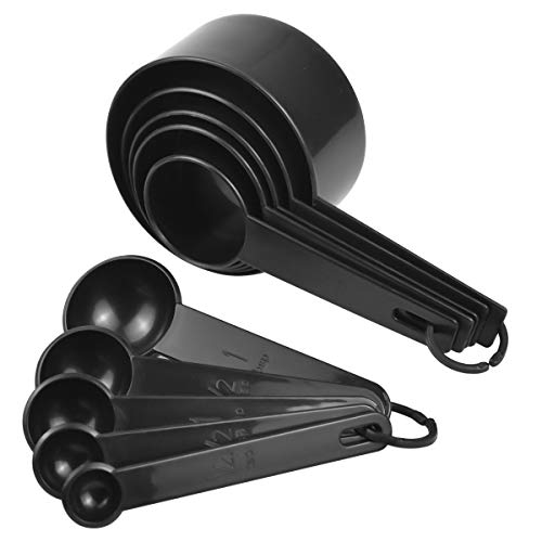 10 Pcs Set de Tazas y Cucharas de Medir, Plástico Tazas de Medición, Herramienta para Hornear para Medir Ingredientes líquidos y Secos en Cocina y Hogar-Negro