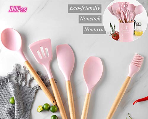 11 piezas de silicona rosa resistente al calor antiadherente cocina espátula cuchara utensilios para hornear con mango de madera, juego de cocina de cocina, buen regalo para amigos esposa familia.