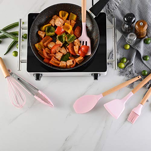 11 piezas de silicona rosa resistente al calor antiadherente cocina espátula cuchara utensilios para hornear con mango de madera, juego de cocina de cocina, buen regalo para amigos esposa familia.