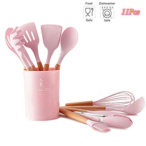 11 piezas de silicona rosa resistente al calor antiadherente cocina espátula cuchara utensilios para hornear con mango de madera, juego de cocina de cocina, buen regalo para amigos esposa familia.