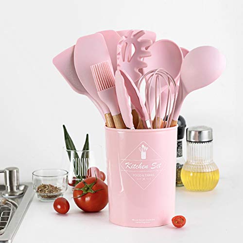 11 piezas de silicona rosa resistente al calor antiadherente cocina espátula cuchara utensilios para hornear con mango de madera, juego de cocina de cocina, buen regalo para amigos esposa familia.