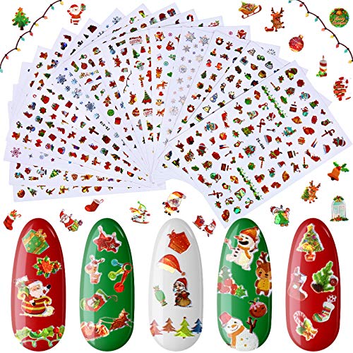 16 Hojas Pegatinas de Uñas de Navidad Pegatinas Autoadhesivas de Uñas 3D Calcomanías de Uñas Coloridas de Navidad Pegatinas de Uñas Láser de Árbol Copo Nieve Santa para Decoración Uñas Navidad Niña