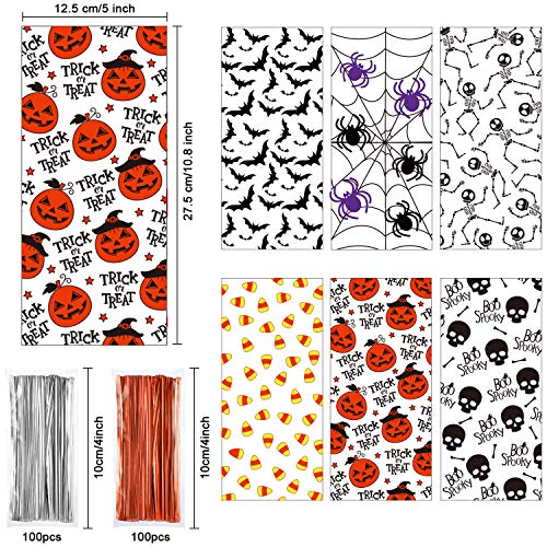 180 Bolsas de Golosinas de Halloween Bolsas de Regalo de Caramelo de Plástico Celofán de Trick or Treat con 200 Lazos de Torcedura Naranja y Plata para Niños, 6 Estilos Surtidos