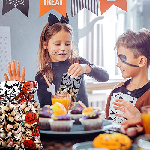 180 Bolsas de Golosinas de Halloween Bolsas de Regalo de Caramelo de Plástico Celofán de Trick or Treat con 200 Lazos de Torcedura Naranja y Plata para Niños, 6 Estilos Surtidos