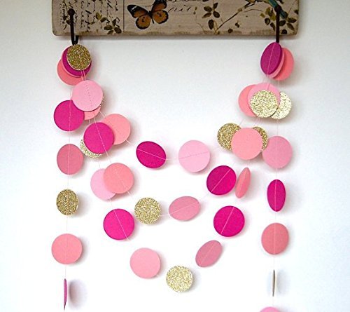 2 Conjuntos de 6,5 pies de puntos largos de círculo Papel Garland Decoración colgante Fucsia Rosa y oro Baby Shower Decoración de la fiesta de cumpleaños