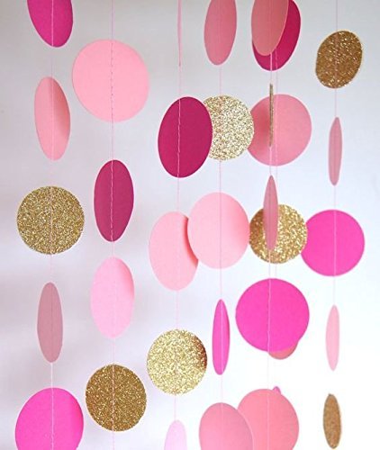 2 Conjuntos de 6,5 pies de puntos largos de círculo Papel Garland Decoración colgante Fucsia Rosa y oro Baby Shower Decoración de la fiesta de cumpleaños