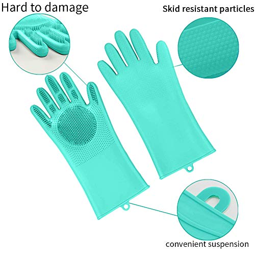 2 Pares Guantes de Silicona con Cepillo Limpieza Reutilizable para lavar platos Resistentes Guante de Goma para el hogar,Lavado del Coche,Lavavajillas, Resistente al Calor