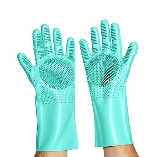 2 Pares Guantes de Silicona con Cepillo Limpieza Reutilizable para lavar platos Resistentes Guante de Goma para el hogar,Lavado del Coche,Lavavajillas, Resistente al Calor