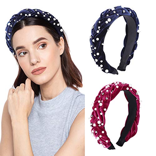 2 PC diademas de terciopelo acolchado de perlas Accesorios para el cabello de terciopelo grueso de moda de los 90 Diadema ancha para mujer y niña Aros （Vino tinto + azul marino)