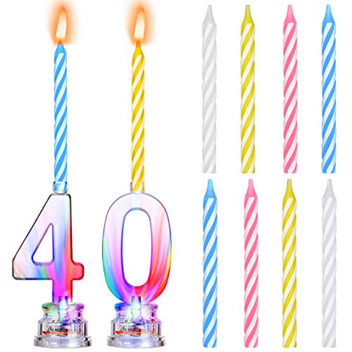 2 Piezas Velas de Cumpleaños LED Vela LED Brillante Número 0 y Número 4 Velas de Cumpleaños LED de Cambiar de Color y 8 Piezas Velas de Cera de Colores para Fiesta de Cumpleaños Topper Pastel