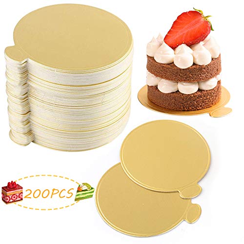 200PCS Tableros De La Torta De Mousse,Mini Torta De Oro Desechable Bandeja de Visualización de Postres,Pastel Tambor Carton Placas de Papel Base de Pastel Base de Postre Para Cumpleaños de Boda