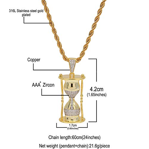 2019 - Colgante de circonita de reloj de arena para hombre, chapado en dos colores, joyería (oro, plata), diseño de hip hop, 123, dorado, Size