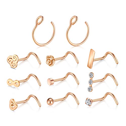 20G Piercing Nariz Anillo Acero inoxidable Nostril Studs Screw Piercing Nariz Anillo Aros Joyas para el cuerpo para Mujer Hombre - Oro rosa