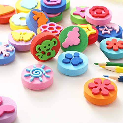 24 Piezas Esponjas de Pintura EVA Estampador de Pintura de Espuma Sello Estampadora de Esponja de Doble Cara Esponjas de Dibujo para Niños Pequeños Aprendizaje Temprano y Manualidades, Formas Variadas