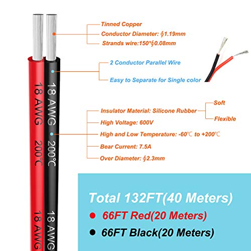 2x0.8 mm² Cable Alambres eléctrico de silicona de 2x20Metros 18awg Cable de cobre estañado trenzado sin oxígeno Resistencia a altas temperaturas 2 Conductor