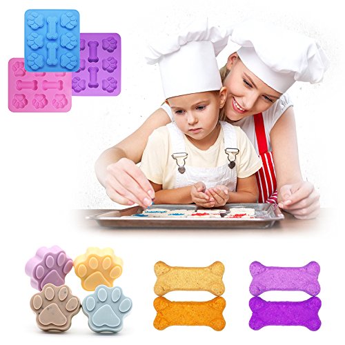 3 piezas de moldes de silicona cachorro de perro con forma de pata y hueso, bandejas de dulces de hielo reutilizables FineGood, bandejas para hornear, horno apto para microondas